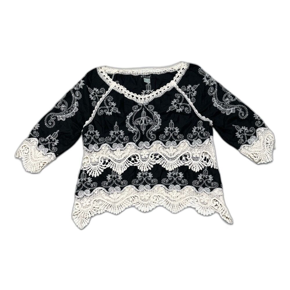 Venus Women’s Top Size 4 Boho Black Crochet Lace Peasant Blouse Whimsygoth